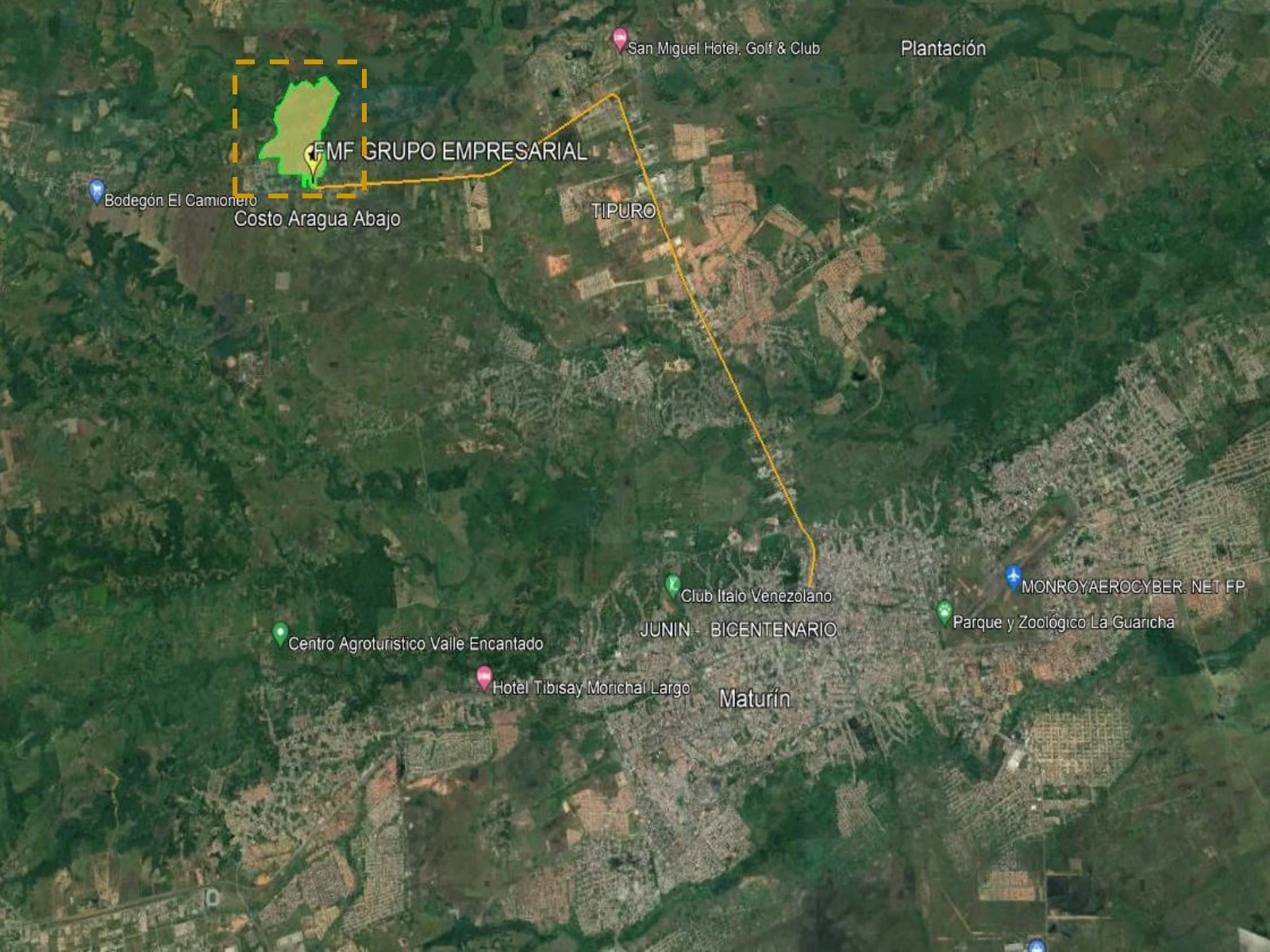 FMF original regional satellite map showing property highlighted green and relative location to Maturín